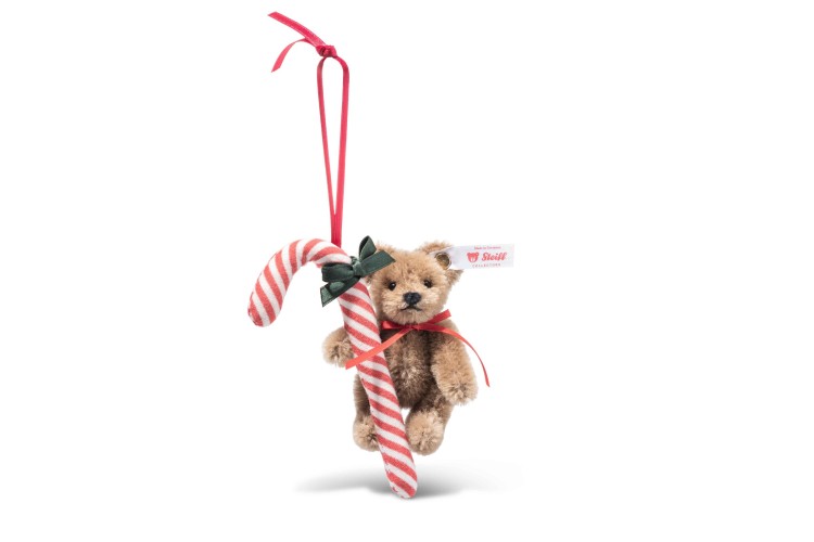 Teddy bear with candy cane ornament (005817) 8cm